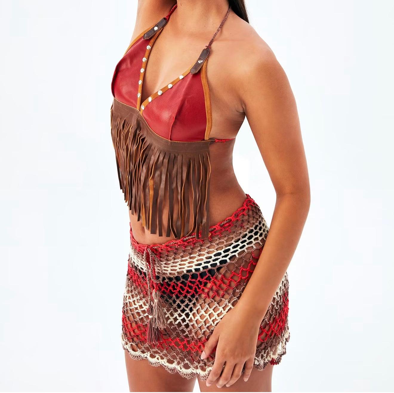 Lovely Star Double Set — Red Fringed top and openwork crochet skirt set