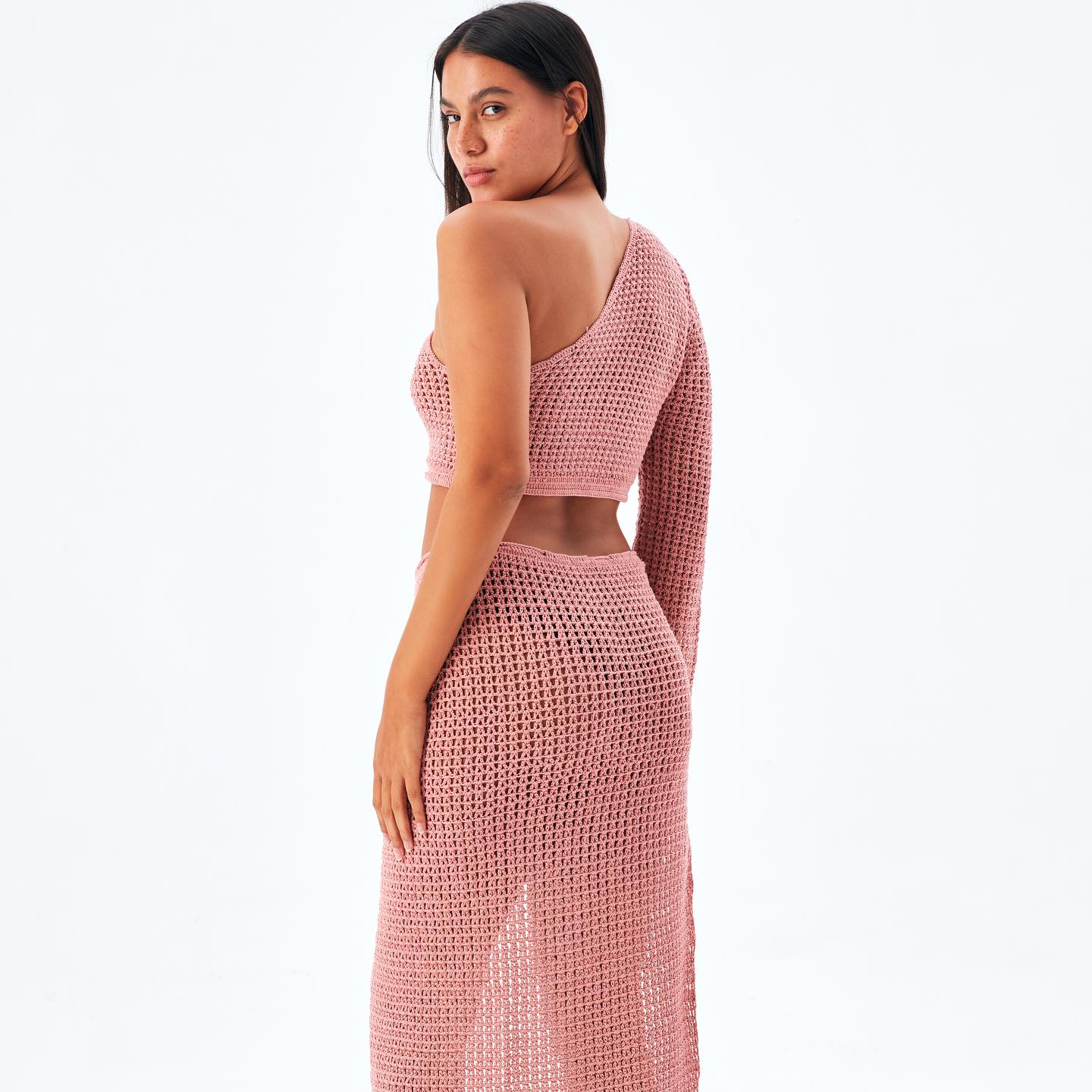 Ash Double Set Handcrafted one-shoulder crochet top and maxi skirt