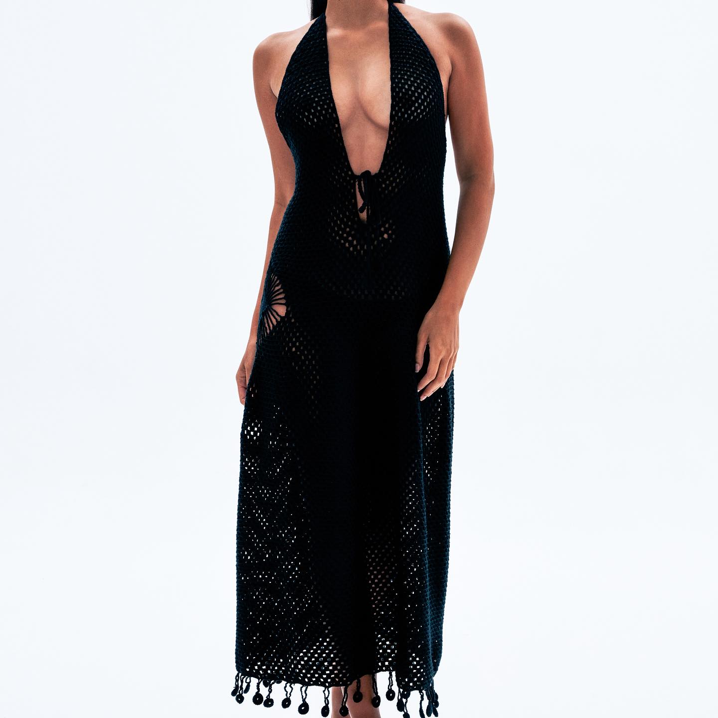 Charlotte Dress Handcrafted halterneck crochet dress with fringe details