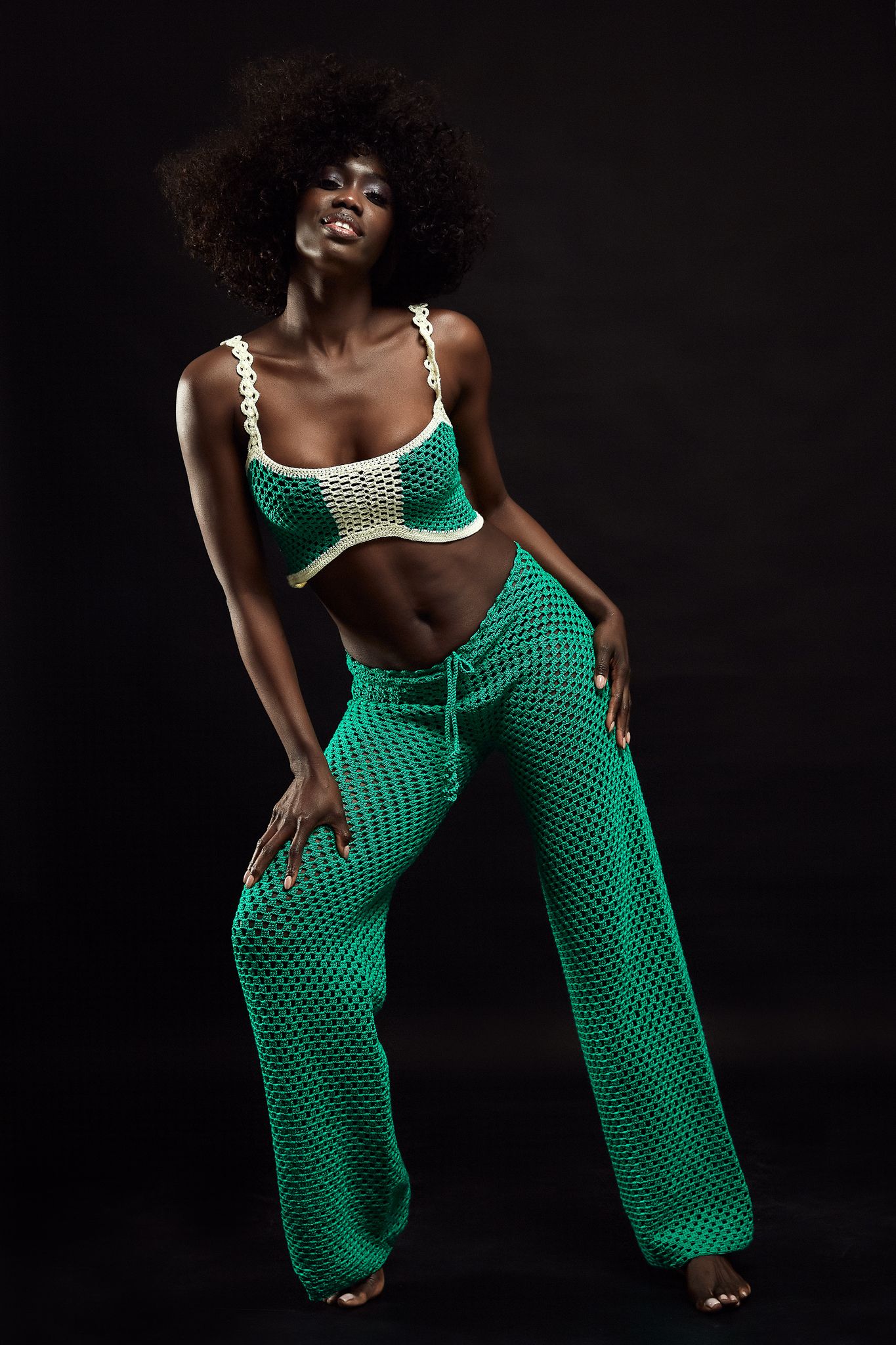 Estella — Green Handcrafted crochet top and trousers set