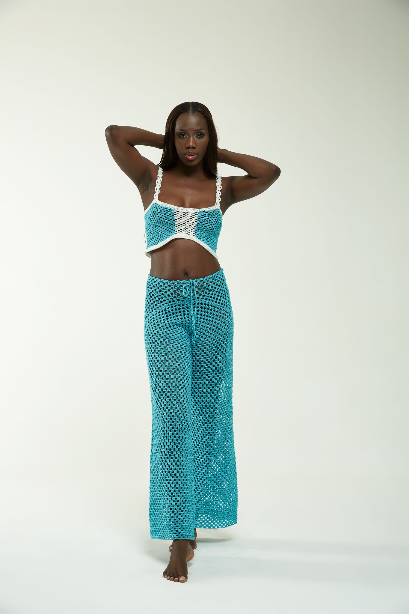 Estella — Turquoise Handcrafted crochet top and trousers set